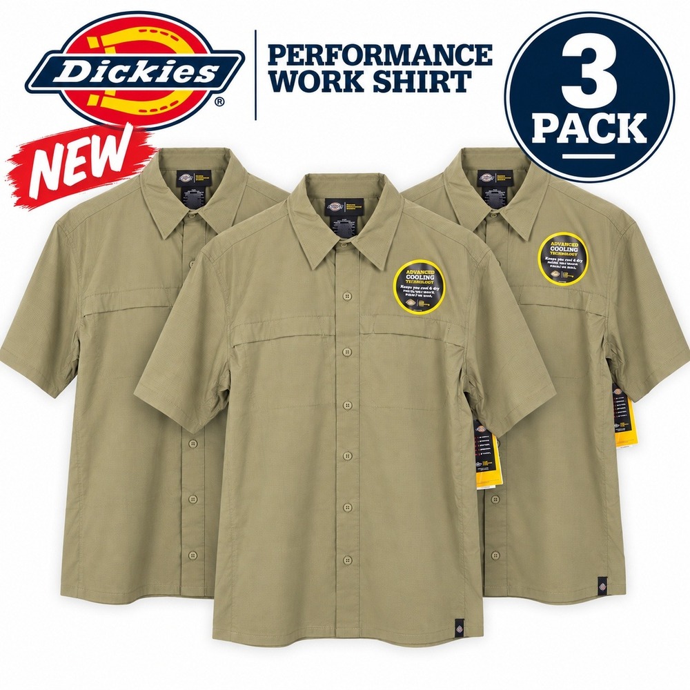 (LOT 3) Dickies Performance Work Shirts Mens XL Khaki Short Sleeve Cooling NEW